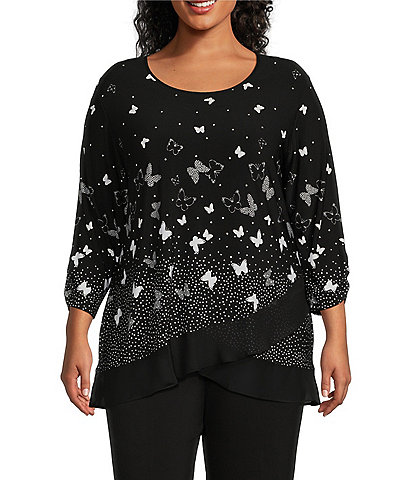 Allison Daley Plus Size Butterfly Print 3/4 Ruched Sleeve Crew Neck Ruffle Hem Knit Top