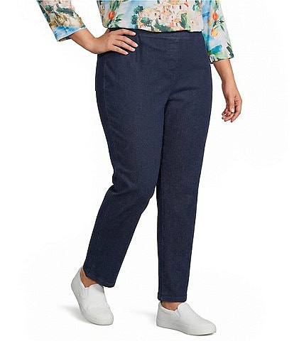 Allison Daley Plus Size Chambray Straight Leg Stretch Denim Elastic Waist Pull-On Pants