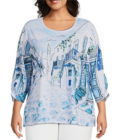 Allison Daley Plus Size Coastal Retreat Print 3/4 Ruched Sleeve Crew Neck Knit Top