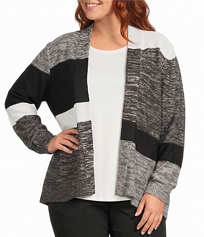 Allison Daley Plus Size Color Block Long Sleeve Open-Front Rib Trim Cardigan