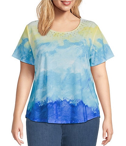 Allison Daley Plus Size Cool Sunset Print Short Sleeve Crew Neck Knit Top