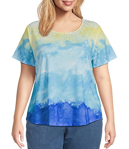 Allison Daley Plus Size Cool Sunset Print Short Sleeve Crew Neck Knit Top
