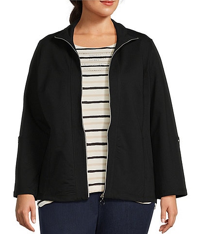 Allison Daley Plus Size Coordinating Long Roll Tab Sleeve Stand Collar Zip Front Jacket