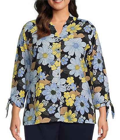 Allison Daley Plus Size Crinkle Floral Print Tie 3/4 Sleeve Y-Neck Button Front Top