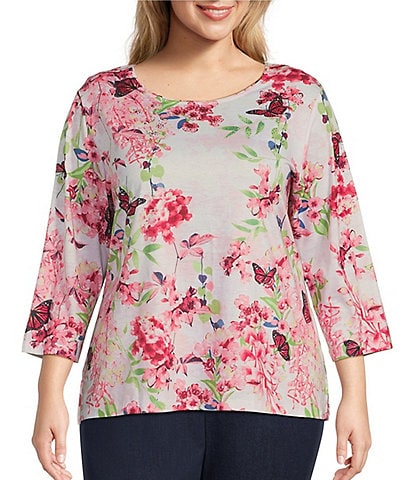 Allison Daley Plus Size Embellished Butterfly Floral Print 3/4 Sleeve Crew Neck Knit Top