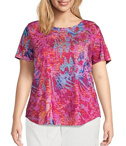 Allison Daley Plus Size Embellished Butterfly Print Short Sleeve Crew Neck Tee