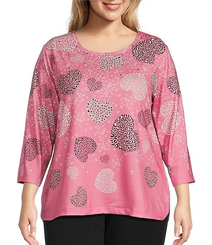 Allison Daley Plus Size Embellished Cascading Hearts Print 3/4 Sleeve Crew Neck Knit Top