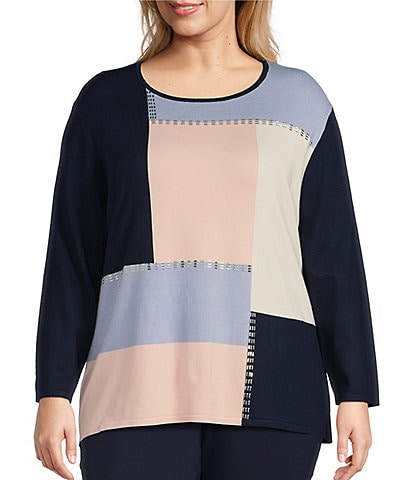 Allison Daley Plus Size Embellished Color Block 3/4 Sleeve Crew Neck Sweater