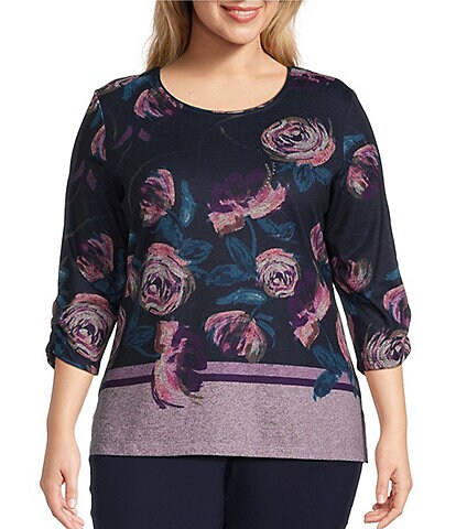 Allison Daley Plus Size Embellished Floral 3/4 Ruched Sleeve Crew Neck Knit Abstract Shirt
