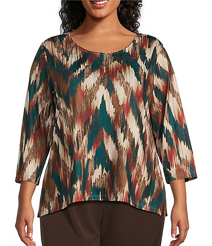 Allison Daley Plus Size Embellished Spruce Ikat Herringbone Print 3/4 Sleeve Crew Neck Knit Top