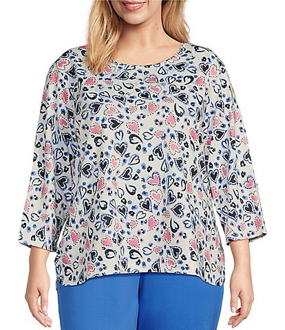 Allison Daley Plus Size Embellished Tossed Hearts Print 3/4 Sleeve Crew Neck Knit Top
