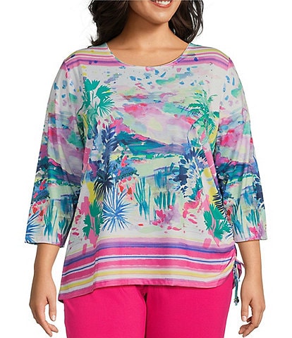 Allison Daley Plus Size Embellished Watercolor Tropics Print 3/4 Sleeve Crew Neck Ruched Side Tie Hem Knit Top