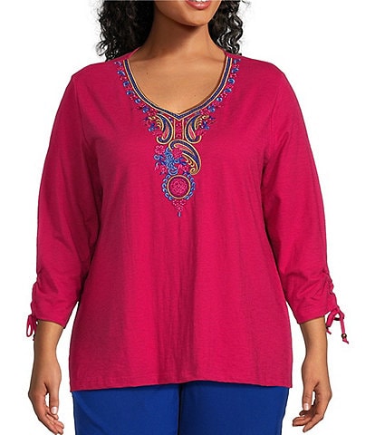 Allison Daley Plus Size Embroidered 3/4 Tie Ruched Sleeve V-Neck Knit Top