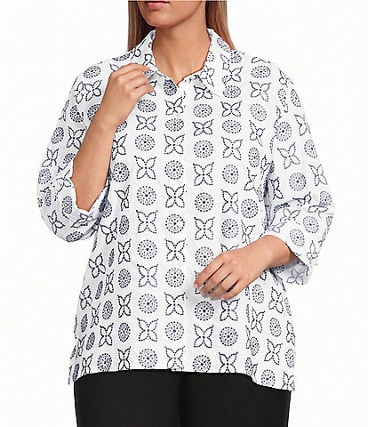 Allison Daley Plus Size Embroidery 3/4 Sleeve Point Collar Button Front Blouse