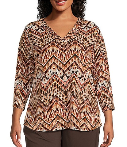 Allison Daley Plus Size Espresso Multi Chevron Print Pleated 3/4 Sleeve V-Neck Knit Top