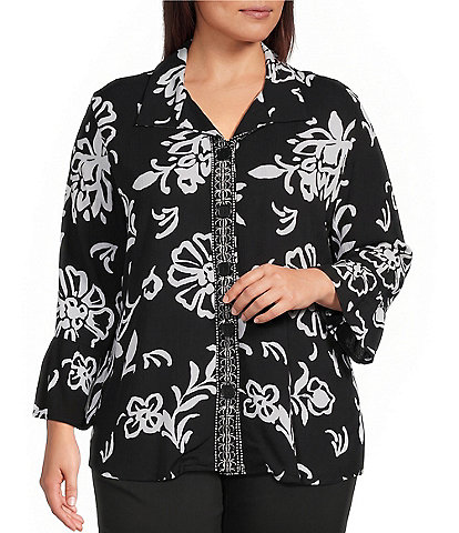 Allison Daley Plus Size Floral Print 3/4 Flounce Sleeve Button Front Point Collar Top