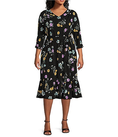 Allison Daley Plus Size Floral Print 3/4 Ruched Sleeves V-Neck Ruffle Hem A-Line Midi Dress