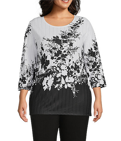 Allison Daley Plus Size Floral Print Embellished 3/4 Sleeve Round Neck Rib Knit Top