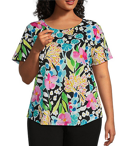 Allison Daley Plus Size Floral Print Short Sleeve Crew Neck Art Tee Shirt