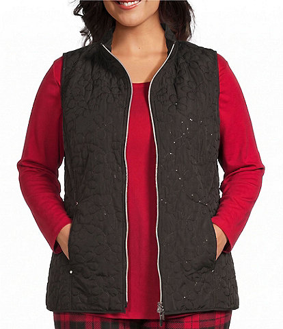 Allison Daley Plus Size Floral Sequin Quilted Sleeveless Two-Way Zip Front Vest