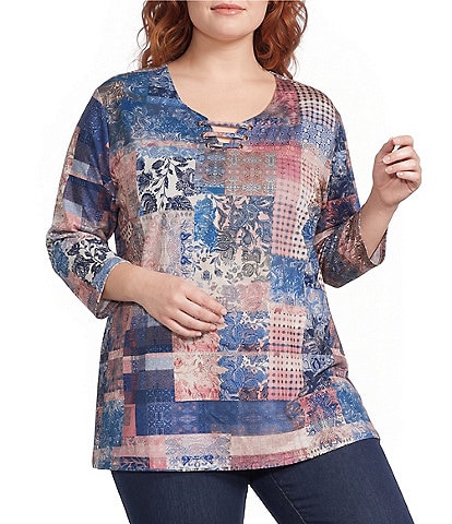 Allison Daley Plus Size Flowering Plaid Print 3/4 Sleeve Split-V Neck Knit Top