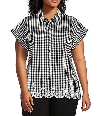 Allison Daley Plus Size Gingham Print Embroidered Scalloped Hem Short Sleeve Top
