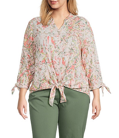 Allison Daley Plus Size Ikat Diamond Print 3/4 Tie Sleeve Y-Neck Button Front Tie-Hem Blouse