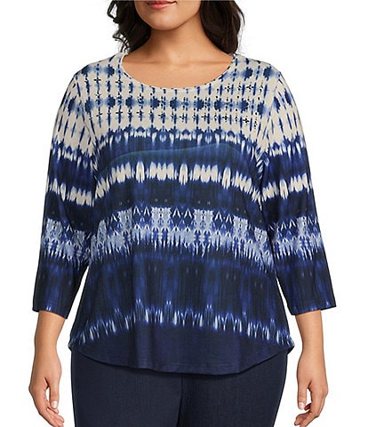 Allison Daley Plus Size Indigo Blues Embellished 3/4 Sleeve Crew Neck Knit Top