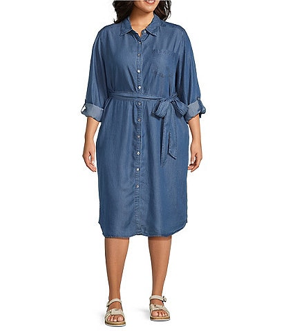 Allison Daley Plus Size Light Indigo Wash Long Roll-Tab Sleeve Point Collar Neck Lyocell Denim Midi Shirt Dress