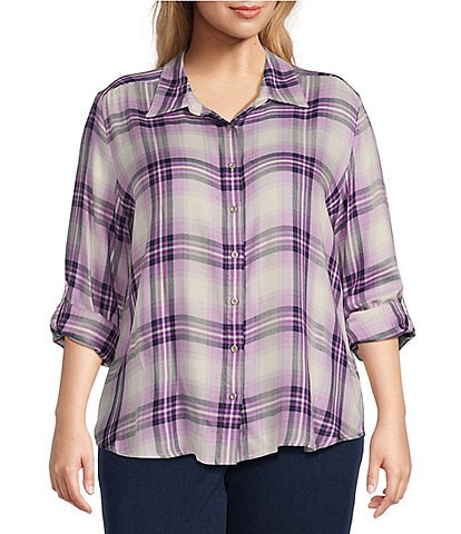 Allison Daley Plus Size Long Roll-Tab Sleeve Point Collar Button Front Plaid Shirt
