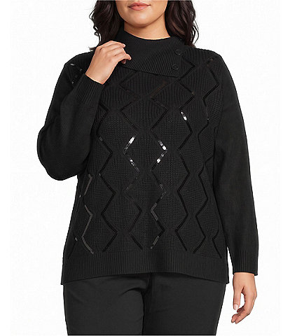 Allison Daley Plus Size Long Sleeve Envelope Neck Rib Trim Sequin Sweater