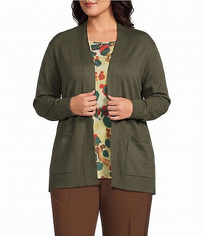 Allison Daley Plus Size Long Sleeve Open-Front Rib Trim Cardigan