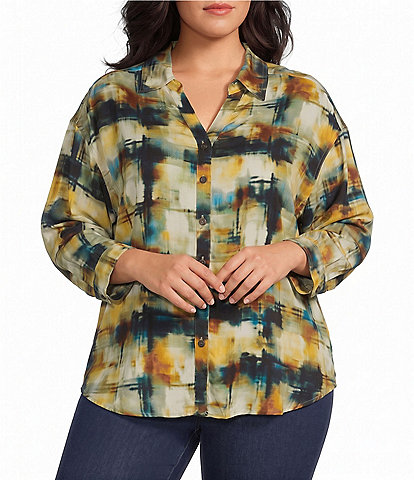 Allison Daley Plus Size Multi Check 3/4 Sleeve Button Front Point Collar Blouse