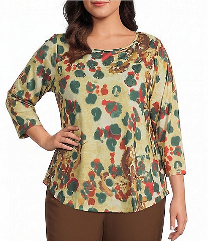 Allison Daley Plus Size Multi Spot 3/4 Sleeve Boat Neck Knit Top