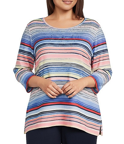Allison Daley Plus Size Multi Stripe 3/4 Sleeve Crew Neck Scuba Knit Embellished Top