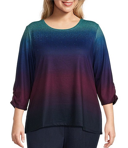 Allison Daley Plus Size Ombre Print Embellished 3/4 Ruched Sleeve Crew Neck Abstract Tee