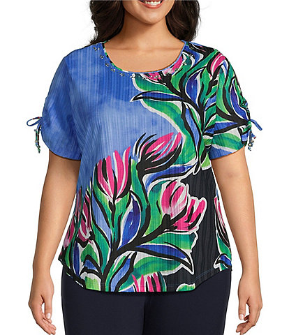 Allison Daley Plus Size Painterly Floral Print Short Tie Sleeve Crew Neck Knit Top