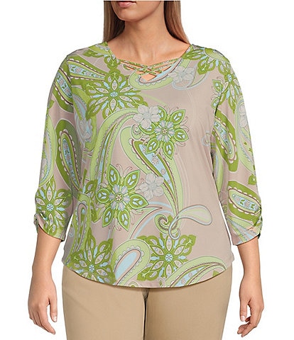 Allison Daley Plus Size Paisley Print 3/4 Ruched Sleeve Embellished Criss-Cross V-Neck Knit Top