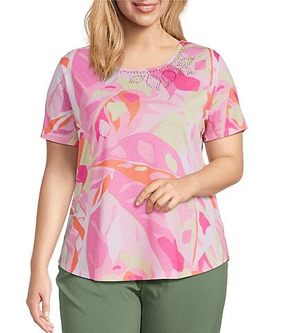 Allison Daley Plus Size Palm Tropical Layers Print Short Sleeve Crew Neck Knit Top