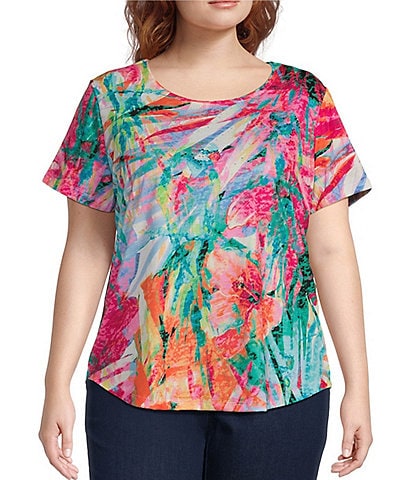 Allison Daley Plus Size Parrot Tropical Print Short Sleeve Crew Neck Art Tee Shirt