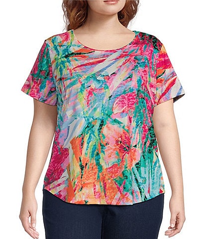 Allison Daley Plus Size Parrot Tropical Print Short Sleeve Crew Neck Art Tee Shirt