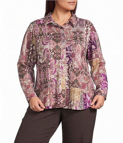 Allison Daley Plus Size Patchwork Long Sleeve Point Collar Button Front Top
