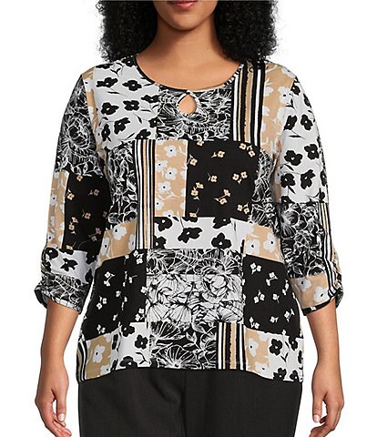 Allison Daley Plus Size Patchwork Print 3/4 Ruched Sleeves Keyhole Neck Knit top