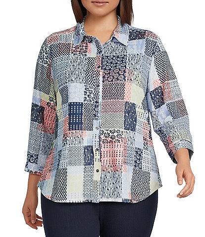Allison Daley Plus Size Patchwork Print 3/4 Sleeve Point Collar Button Front Shirt