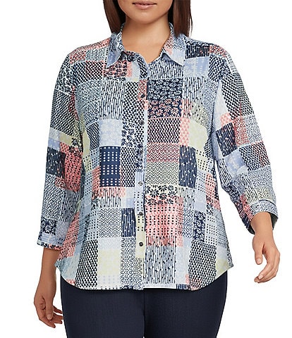 Allison Daley Plus Size Patchwork Print 3/4 Sleeve Point Collar Button Front Shirt