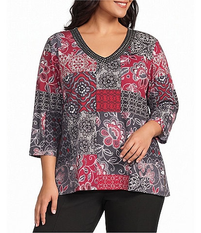 Allison Daley Plus Size Patchwork Print 3/4 Sleeve V-Neck Embellished Top