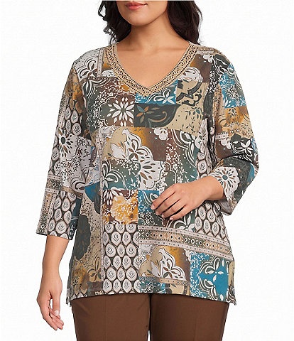 Allison Daley Plus Size Patchwork Print 3/4 Sleeve V-Neck Embellished Top