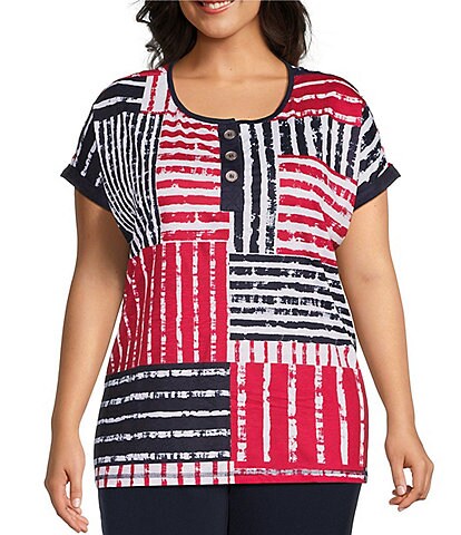 Allison Daley Plus Size Patchwork Stripe Short Sleeve Crew Neck Knit Top