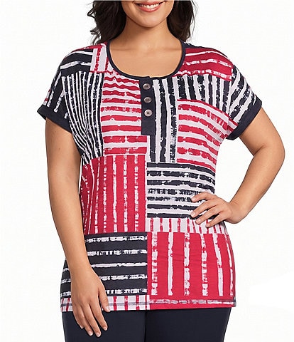 Allison Daley Plus Size Patchwork Stripe Short Sleeve Crew Neck Knit Top