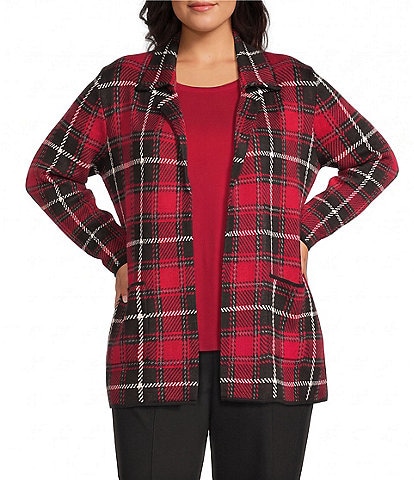 Allison Daley Plus Size Plaid Long Sleeve Open-Front Rib Trim Cardigan